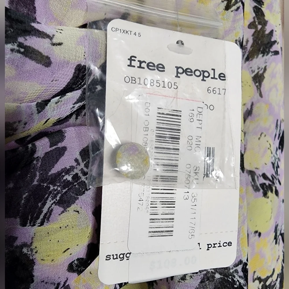 New With Tags Free People Mabel Printed Blouse Long Sleeve Lilac Combo Top XS